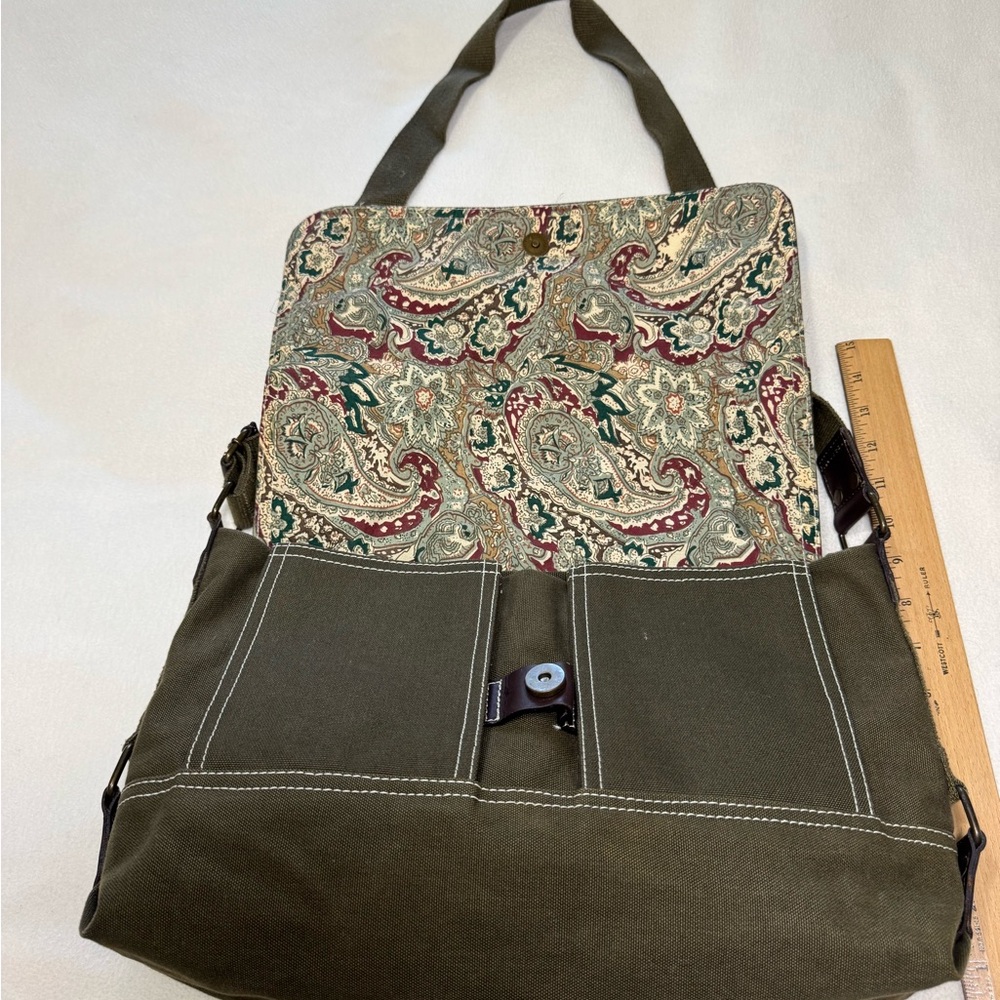 Orvis Olive Green Canvas Cross Body Messenger Bag with Brown Leather Accents - Picture 6 of 14